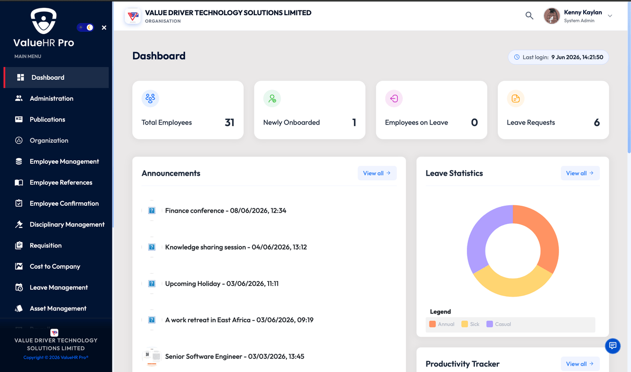 Value HR Pro dashboard